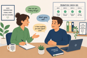 Manager and new employee discussing progress during a probation review meeting.